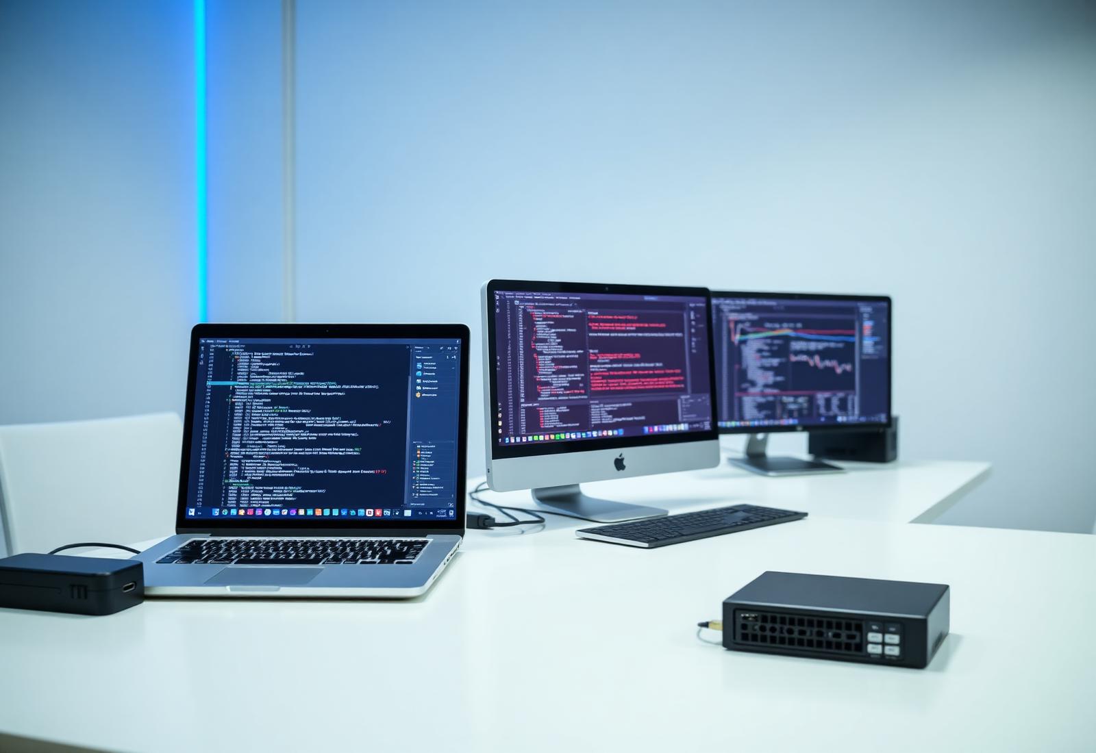 Modern business IT workstation with laptops, monitors and networking equipment